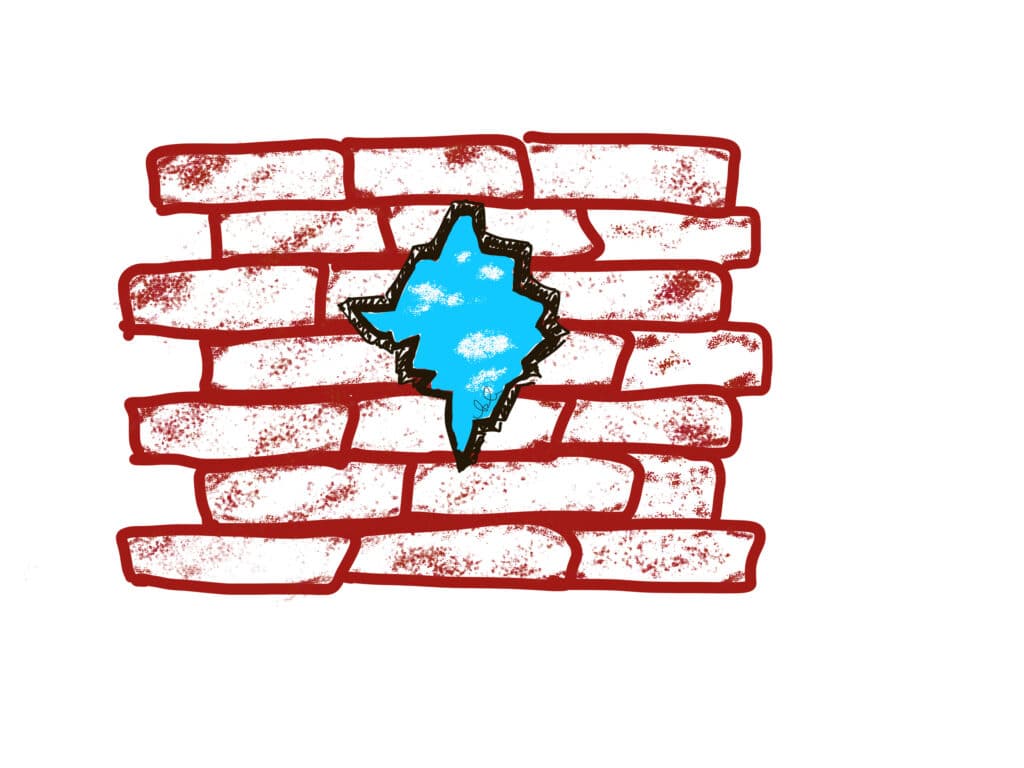 brick wall sketch with hole and blue sky visible