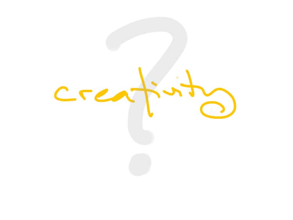 yellow word creativity with grey question mark behind