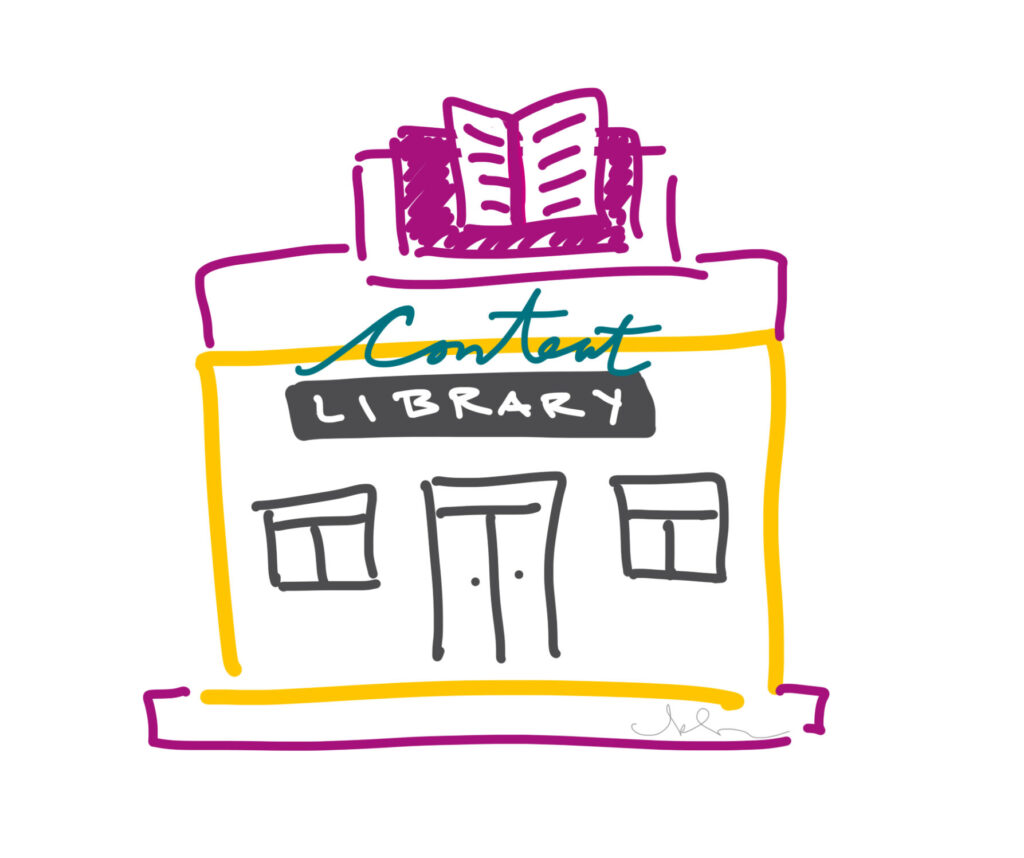 Drawing of a building bearing the sign "content library" - Karen Reyburn