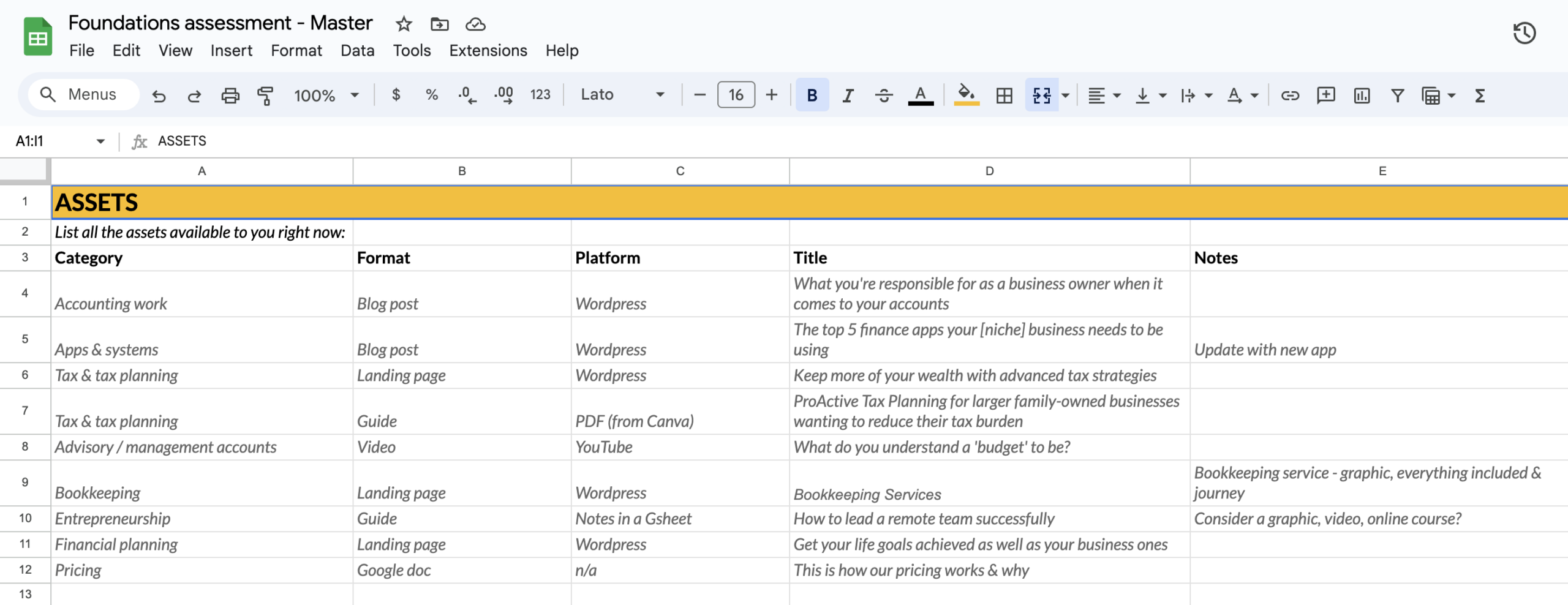 Screen shot of the Foundations Assessment Gsheet PF use to help clients create a content library