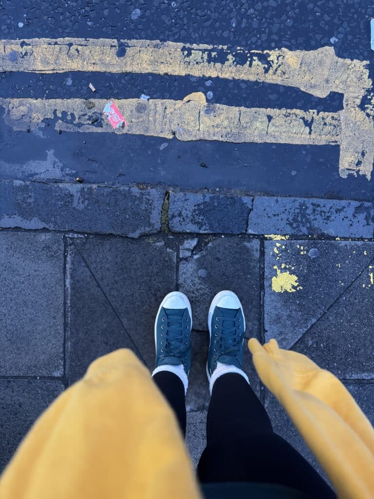 teal shoes yellow hoodie
